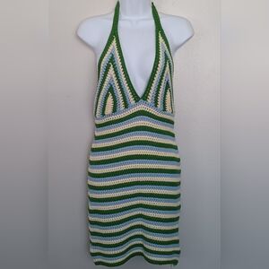 LILYFUL Striped Halter Crochet Backless Mini Dress Multicolor Sz M